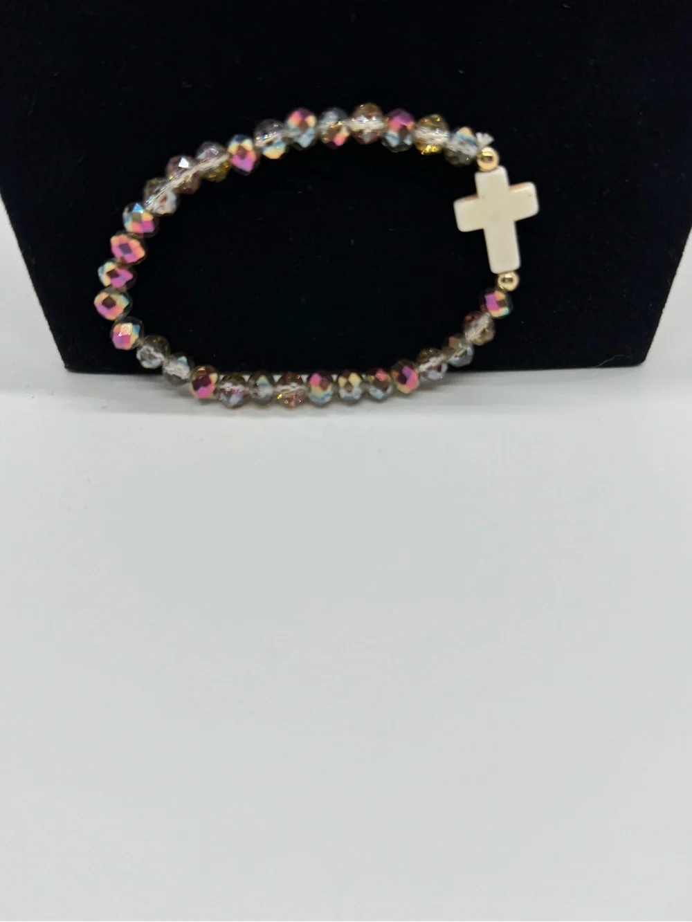 Iridescent Beaded Cross Stretch Bracelet - White Cross